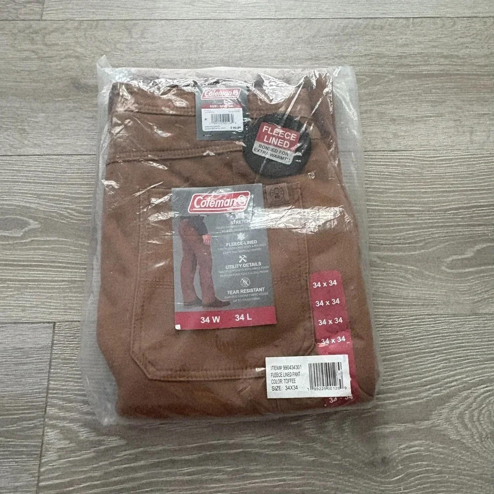 NWT Coleman Toffee Brown Tear Free Fleece‎ Lined Utility Pants Size 34 x 34 $90